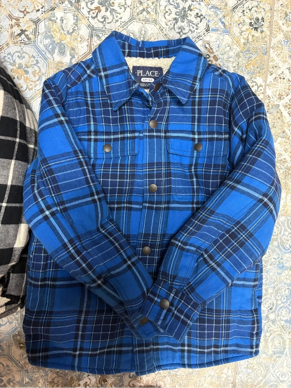 Kids Plaid Flannel Jacket - Black & White / Blue